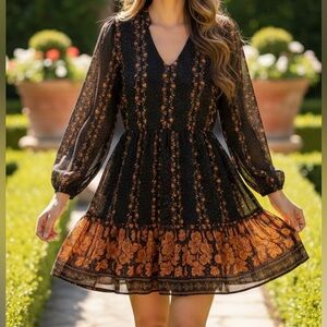 Melloday Black Floral Tiered Boho Mini Dress with Sheer Sleeves